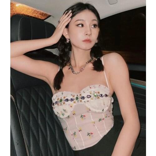 2021 Summer New Womens French Style Floral Tube Top Diamond-studded Hot Girl Halter Sexy Sling Vest топ женский