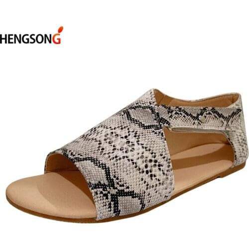 Plus Size Women Sandals Snakeskin Print Peep Toe Summer Casual Beach Flat Shoes Floarl Female Sandal Low Heels Sandalias Mujer