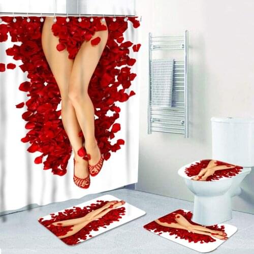 W Pattern Printed Shower Curtains for Bathroom Merry Christmas Bath Mat Anti-slip Carpet Toilet Partition Rug Home Decor