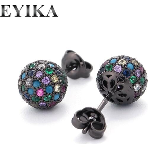 EYIKA Fashion Mix Color Cubic Zirconia Ball Shape Stud Earring Women Jewelry 6/8/10mm Black Gold Серьги Gift for Girlfriend