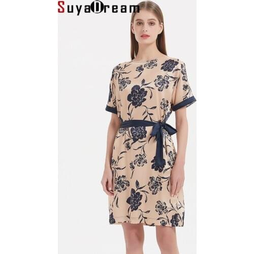 SuyaDream 19mm 93%Silk 7%Spandex Short Sleeved Printed Sashes Dresses 2021 Summer Dresses for Woman