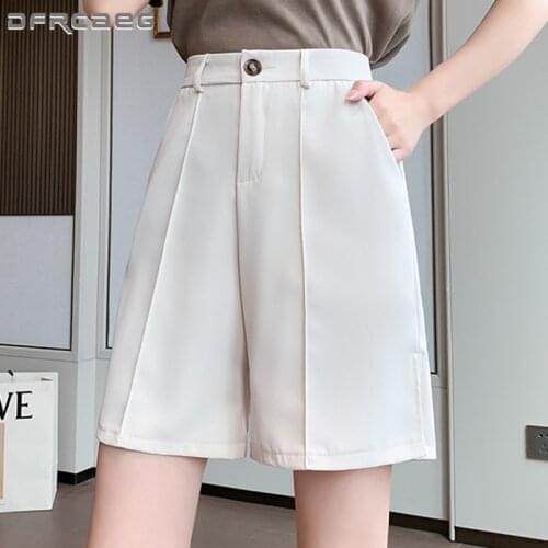 Loose Side Split Bermuda Shorts Woman 2021 High Waisted Korean Wide Leg Suit Short Trousers Half Female Blue White