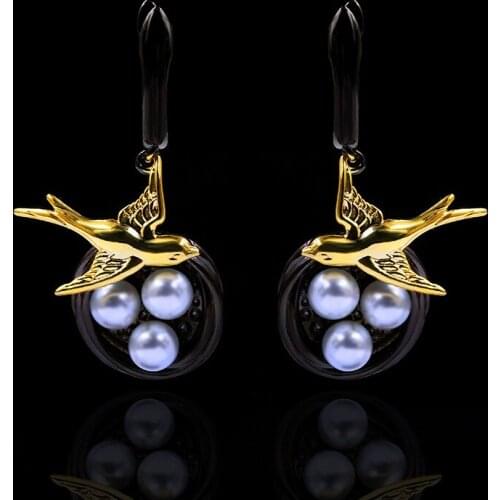 Unique creative new bird sparrow magpie branch inlaid pearl earrings necklace luxury light luxury ladies silver jewelry