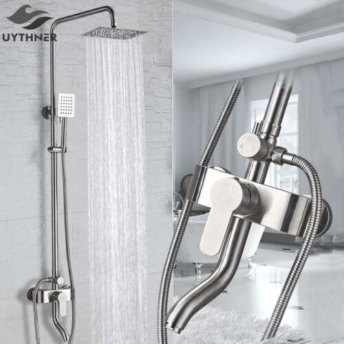Uythner Bathroom SUS304 Brushed Big Rainfall Shower Set Bathroom Mixer Bath Shower Faucet Hot&Cold Water Shower Wall Mounted