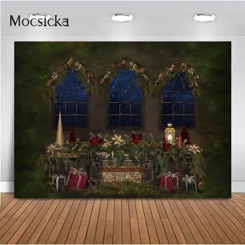 Vintage Christmas Windows Photo Background Retro Christmas Decoration Photography Backdrop Gifts Pine Living Room X-mas Supplies