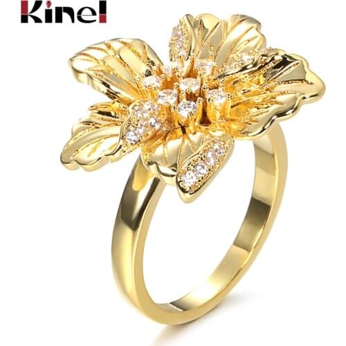 Kinel Jewelry Boho Bride Wedding Rings Fashion Dubai Gold Mosaic Zircon Crystal Flower Ring Engagement Party Jewelry Wholesale