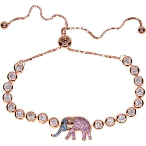 Female Lady Elephant Tennis Chain Bracelets Rose Gold Color Cute Lovely Young Girls Adjustable Animal Jewelry Wholesale Charm