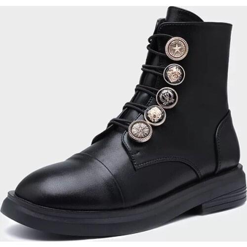 New Fashion Zipper Flat Shoes Woman High Heel Platform PU Leather Boots Metal Buckle Elastic Women Shoes Ankle Boots Size 35-40