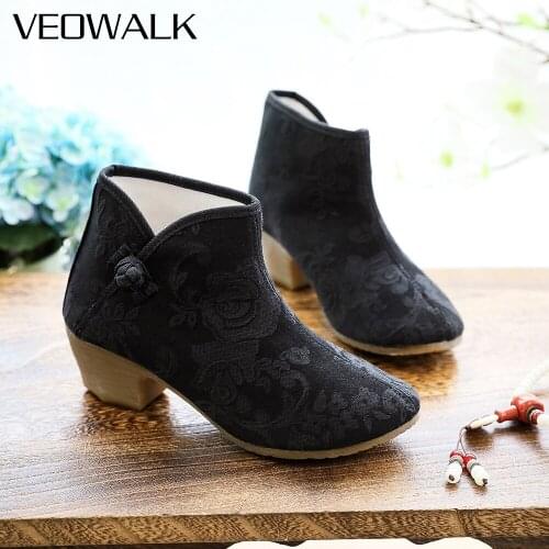 Veowalk Autumn Women Jacquard Cotton Embroidered Block Heel Short Ankle Boots Elegant Ladies Comfortable Booties Black White
