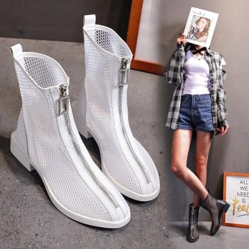 2021 Summer Hot Fashion Air Mesh Med Heel Short Boots Black White Women Ankle Boots Zipper Breathable