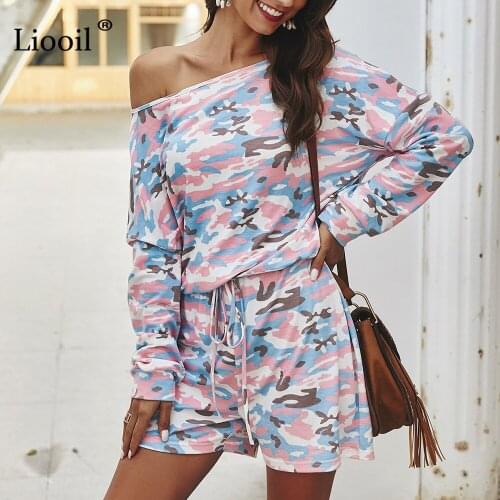 Liooil Camouflage Print Playsuit Women Casual Loose Jumpsuit 2020 Long Sleeve Drawstring Party Club Romper Sexy Jumpsuits Shorts