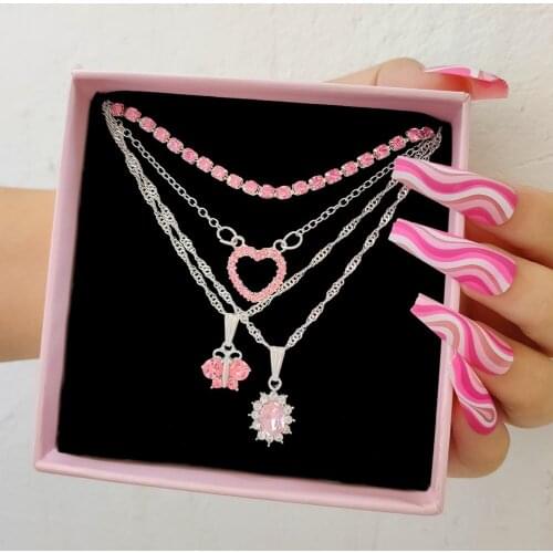 Bohemian Multi-layer Hollow Heart Butterfly Necklaces For Women Fashion Pink Crystal Tennis Chain Choker Necklace Jewelry Gifts