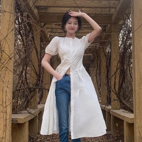 Sannian White Open Dress Women Clothes Summer 2021 New French Retro Single-breasted Bubble Sleeve Dresses Ladies