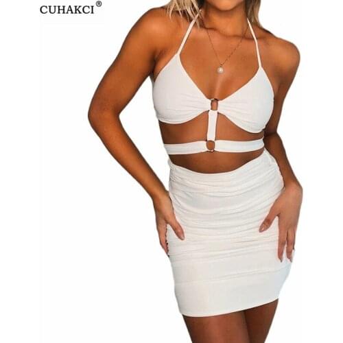 CUHAKCI Women Dress Summer Hollow Out Halter Metal Ring Bust Bodycon Backless New Lady 2021 Fashion Casual Pencil Mini Mujer New