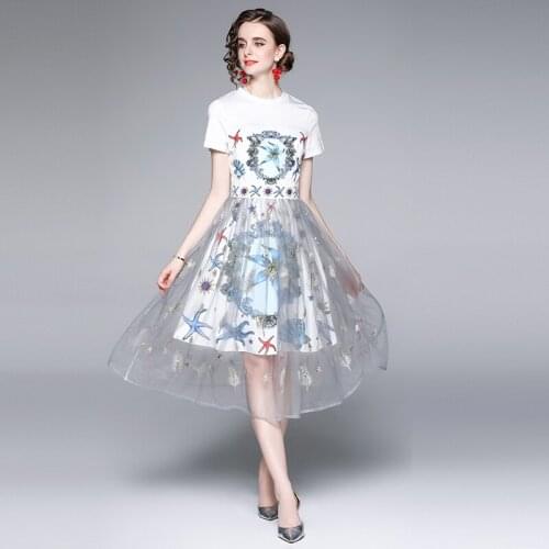 WTIANYUW New 2021 Fashion Runway Summer Dress Women Short Sleeve Beading Starfish Print Splicing Elegant Midi Dress Vestidos