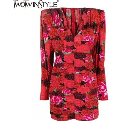 TWOTWINSTYLE Folds Print Slim Vintage Dress Female V Neck Long Sleeve Fashion High Waist Dresses For Women Autumn Style 2021 New