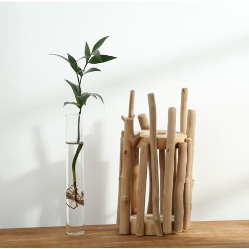 100% Handmade Wooden Tabletop Vase with Glass Tube Creative Natural Wood Home/Shop Decor Birthday Gift Christmas Decoration