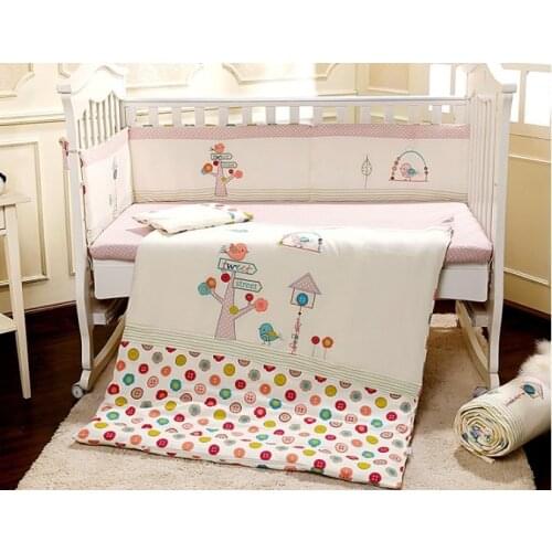 Promotion! 7PCS embroidery crib bedding set 100% cotton baby bed linen baby bedding,include(2bumper+duvet+sheet+pillow)