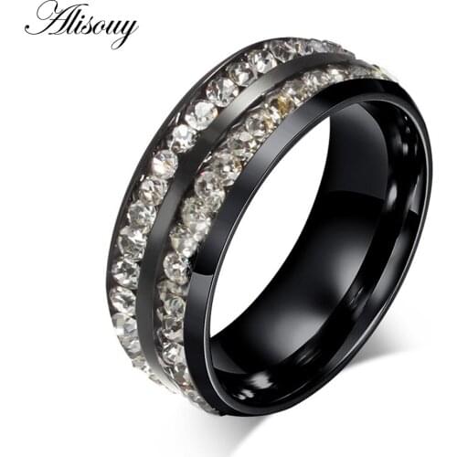 Alisouy 1 piece 8mm Austrian crystal rings for men women Black stainless steel mens Ring fashion finger ring