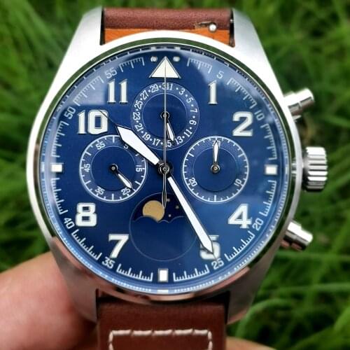 Vintage Pilot Chronograph Watch Men Top Brand 1963 Mens Mechanical Watch Sports 43mm Air Force Moon Phase Wristwatch Luminous