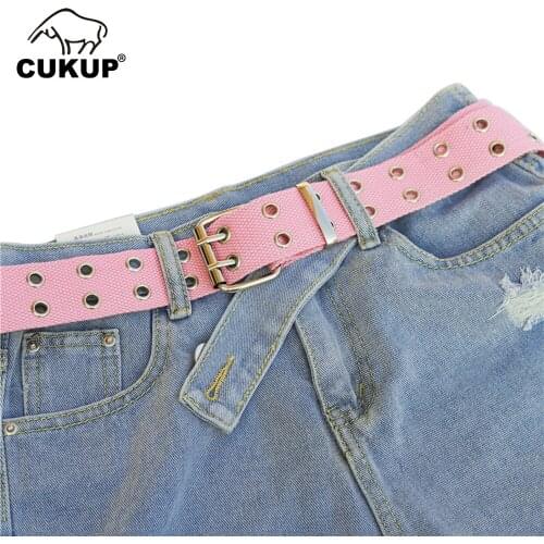 CUKUP New Design Ladies High Quality Pink Canvas Belt Jeans Accessories for Women 3.8cm Width Double Pin Style Female NCK1058