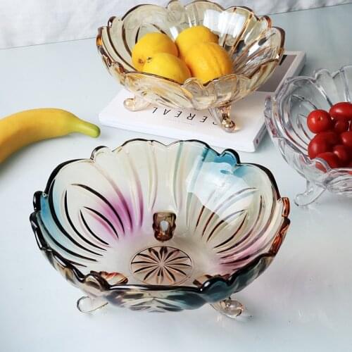 European Luxury Glass Three-legged Fruit Bucket Snack Fruit Plate Modern Home Colorful Dried Fruit Basket Candy Plate Decoration
