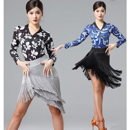 Latin Dance Clothes Set Milk Silk Long Sleeve Top Fringe Skirt Dance Dress Performance Outfits Dance Competition Dress VDB1337