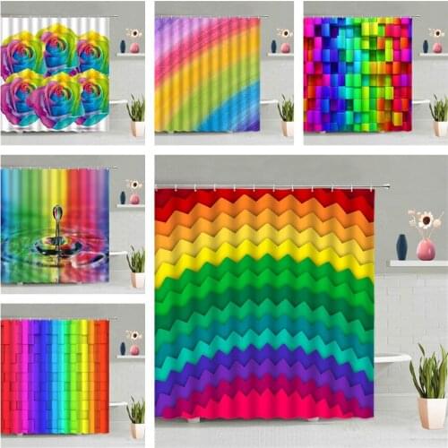 Colorful Rainbow Shower Curtain Geometry Stripe Ripple Rose Flower Water Drops Modern Bathroom Hanging Curtains Screen Decor Set