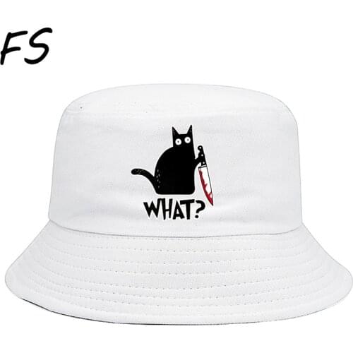 MenS bucket Hats Black Cat Knife Funny cartoon Unisex Summer Beach Panama Hats Women Casual Cap Outdoor Fishing Fisherman Hat