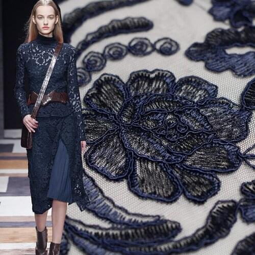 Pearlsilk NavyBlue Bone Embroidered Lace Fabrics Autumn Dress Garment Materials Sewing Cloth For Tailor Textile Freeshipping