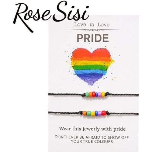Rose sisi New personalized rainbow bracelet on hand rice bead set 2 woven adjustable size couple bracelet set Couple jewelry