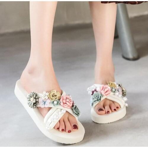 Summer Women Slippers Fashion Pearl Flowers Leisure Non-slip Beach Shoes Indoor Ladies Flip Flop Wedge Sandals Female qq450