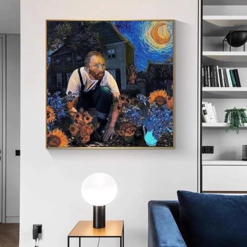 Funny Art Van Gogh and Sunflowers and Blue Starry Sky Posters and Prints Canvas Paintings Wall Art Picture for Living Room Decor