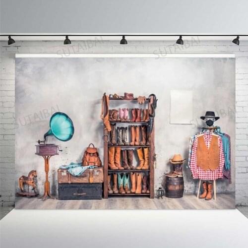 Vinyl Background for Photography Baby Toy Saloon West Cowboy Boot Jar Cement Wall Child Party Boy Portrait Photo Backdrop Studio