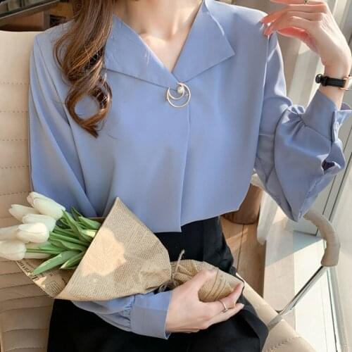 Blusas De Satin Mujer 2021 Autumn New Korean Satin Tops Ladies Long Sleeve Shirt Blouse White Elegant Fashion V-Neck Solid 0994