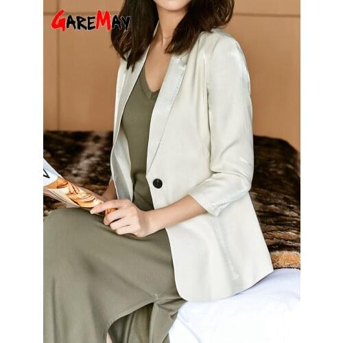 2021 Summer Autumn Womens Blazer Satin Jacket Coats Beige Classic Suit 3/4 Long Sleeve Pockets Thin Casual Blazer for Women