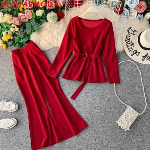 ALPHALMODA Fashion Suit Long-sleeved Pullover Sashes Outfit + Flare Leg Ladies 2pcs Pants Suits Solid Autumn Clothes Set