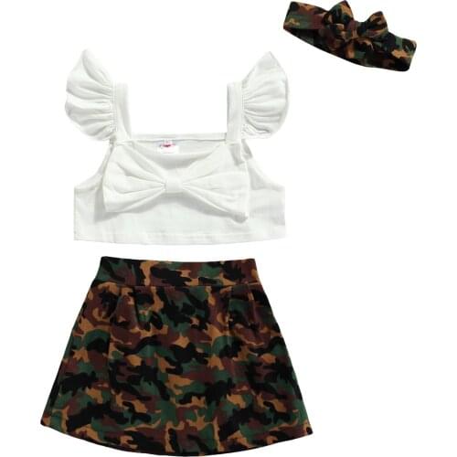 New Girl’s Casual Three Piece Set Fresh Solid Color Fly Sleeve Tops and Camouflage Short Skirt with Headband