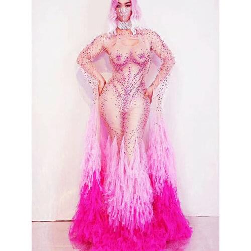 Sparkling Embellished Rhinestones Gauze Backless Women Performance Dress Cascading Ruffle Floor-Length Dress Nightclub Outfit