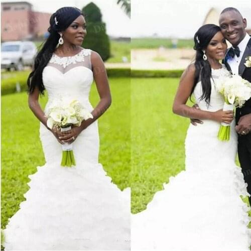Nigerian Mermaid Wedding Dresses Sheer Neck Appliques Ruffles Trumpet Plus Size Arabic African Bridal Gowns Vestidos De Novia