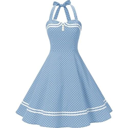 Cotton Blue Polka Dot Halter Dress Pin Up 50s Rockabilly Party Dresses 2021 Women Summer Dress Swing Vintage Clothes Vestidos