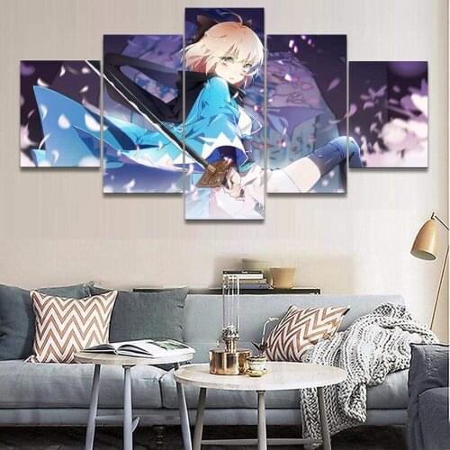 5 Piece Wall Art Canvas Anime Manga Kimono Girl Katana Figure Posters And Prints Modern Home Living Room Decoration Paintings