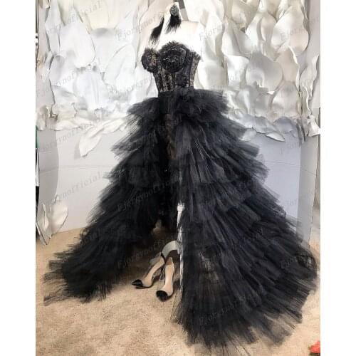 Asymmetrical Black Strapless Short Dress with Puffy Detachable Train Tiered Long Party Gown Custom Made Luxury Prom Gowns 2021