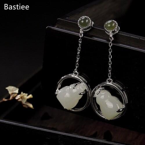 Bastiee Ethnic Jewelry For Women Silver 925 Jewelry Inlaid Jade Jewelry Dangle Earrings Korean Earrings Long Earrings