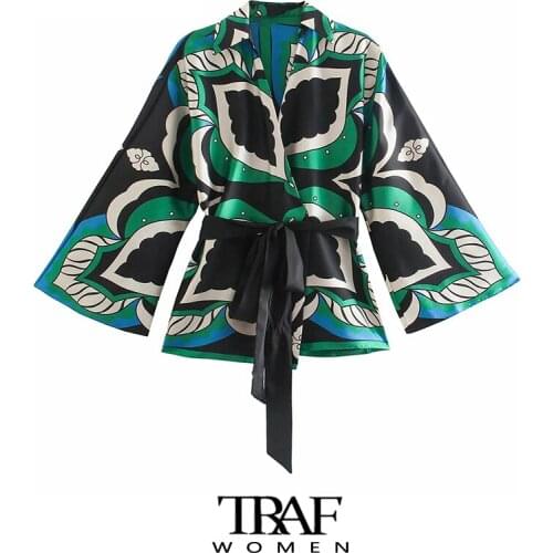 TRAF Za Women Fashion With Belt Printed Wrap Kimono Blouses Vintage Three Quarter Sleeve Female Shirts Chic Tops