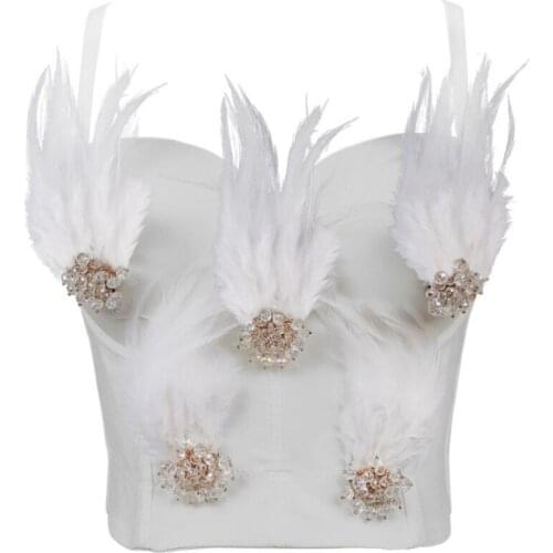 Feathers Bead Flower Push Up Bralet Cute Sleeveless Womens Corset Bustier Bra Halter Vest Festival Party Tank Top White Camise