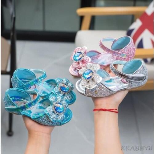 Disney New Frozen Elsa Anna Girls Sandals With Glitter Bow Disney Princess Kids Soft Sandals