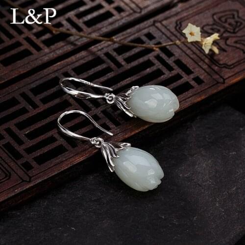 L&P Elegant Magnolia Natural Jade Gemstone Earrings Authenic 925 Sterling Silver Drop Earrings Anniversary Gift For Women Girl