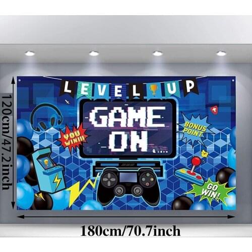 Video Game Happy Birthday Backdrop Banner, Large Photo Booth Props Background, Game Party Decorations(Blue)