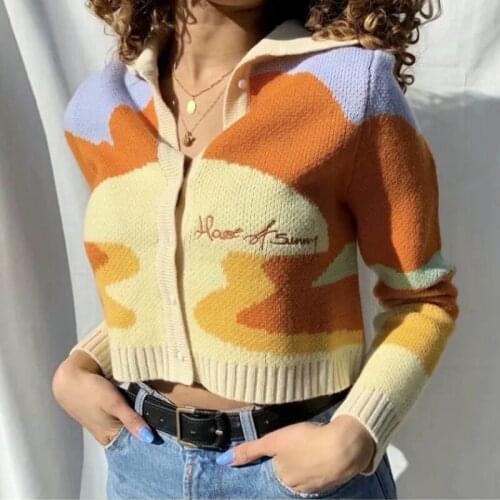 Womens Button Down Knitted Cardigan Cropped Coats Autumn Chic Long Sleeve Letter Embroidery Color Block Lapel Sweaters Tops